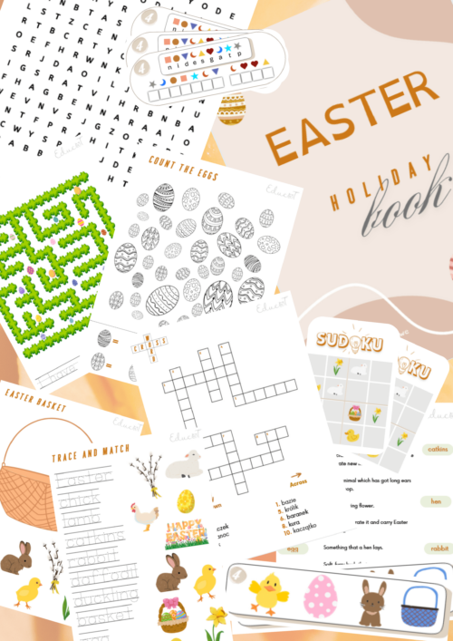 LVL_1_EASTER Zestaw wielkanocnych materiałów do nauki angielskiego dla najmłodszych. Kolaż przedstawia wybrane strony zestawu związanego z wielkanocą