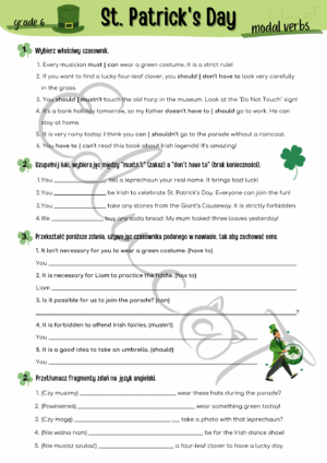 St. Patrick's Day Worksheets – karty pracy dla klasy 6 | Dzień Świętego Patryka